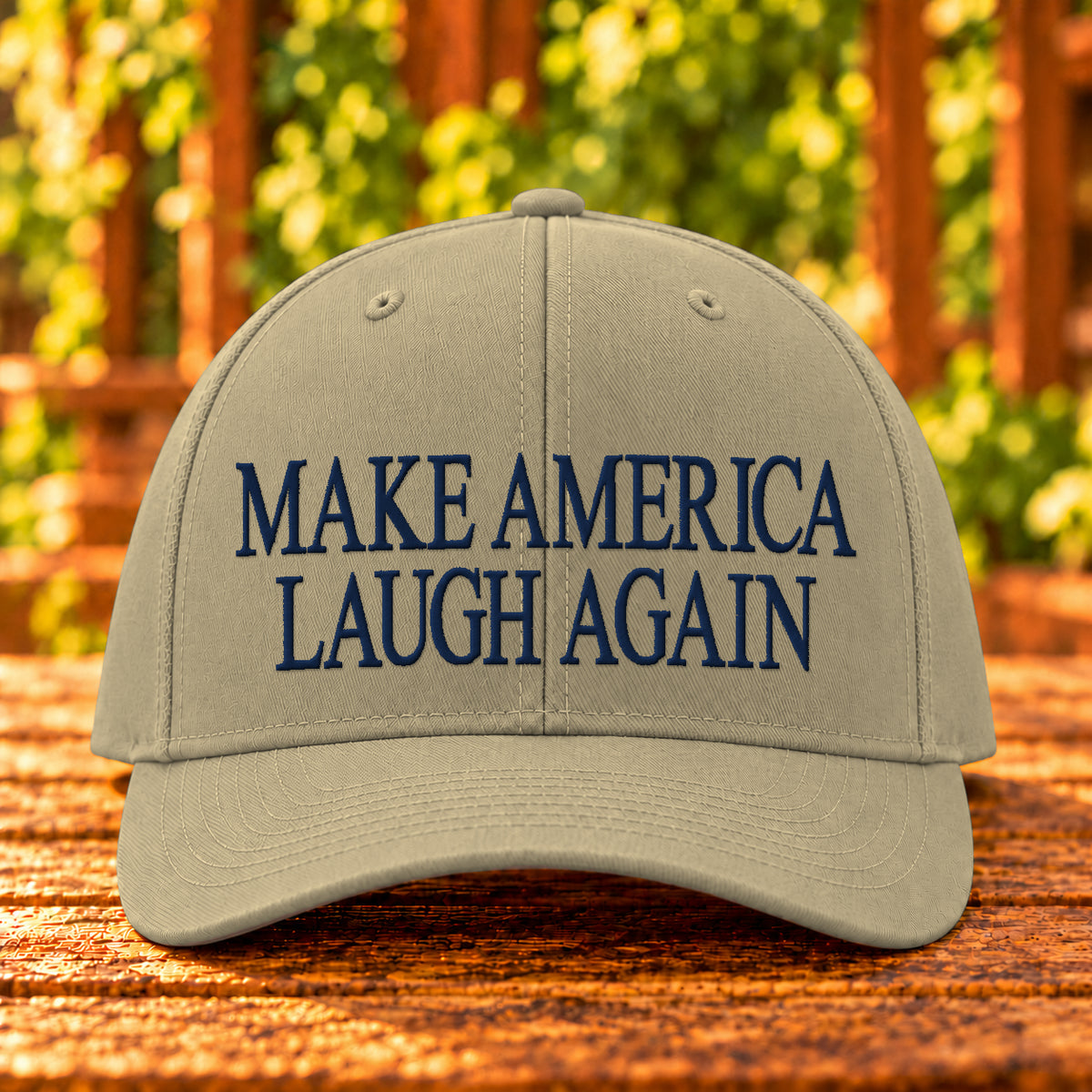 Make America Laugh Again embroidered twill, Khaki, Navy thread