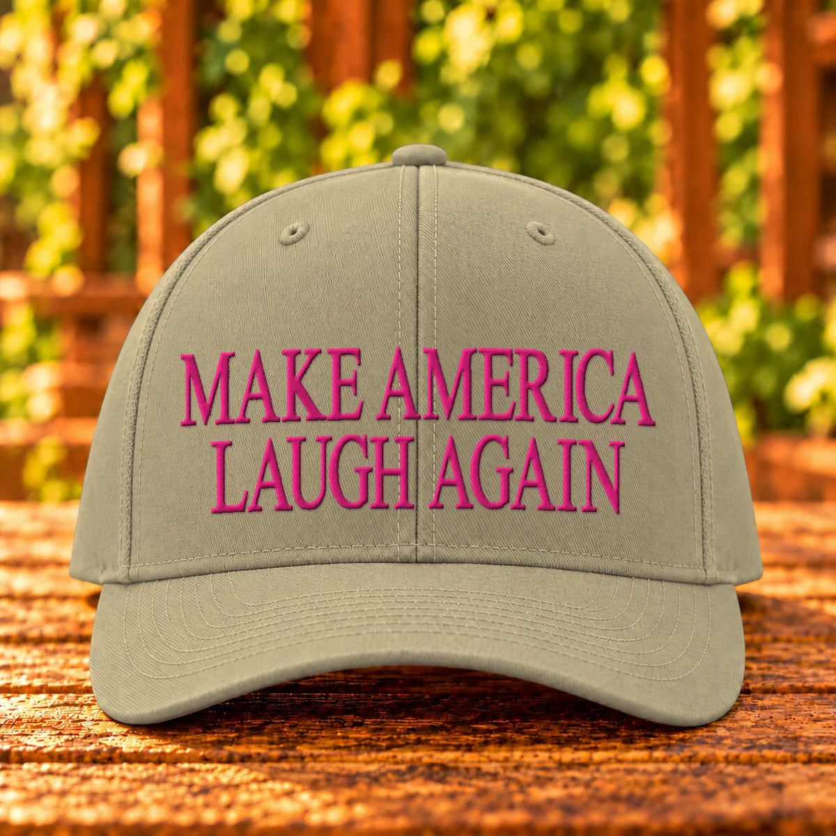 Make America Laugh Again embroidered Khaki twill, Hot Pink thread
