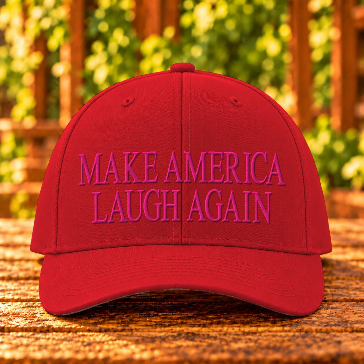 Make America Laugh Again embroidered Red twill, Hot Pink thread