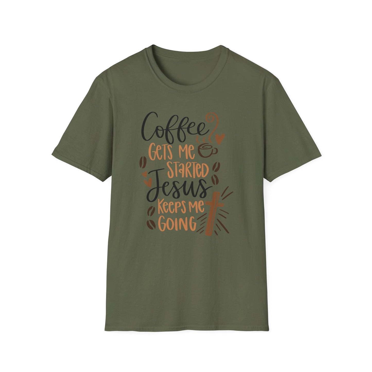 Coffee Gets Me Started Jesus Keeps Me Going Cotton Tee Shirt