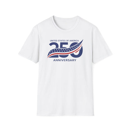 White t-shirt with 'United States of America 250th Anniversary' design on a white background