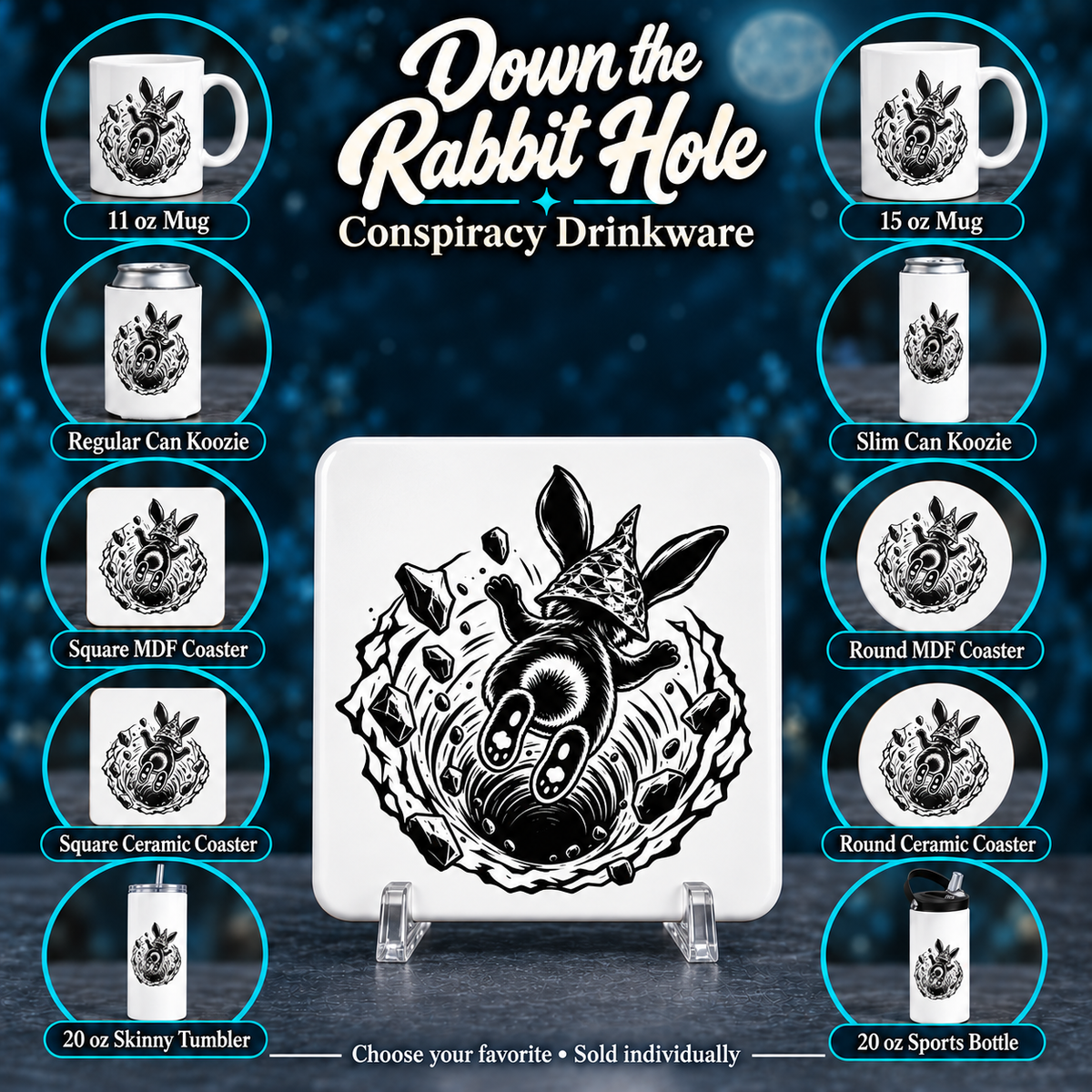 Down the Rabbit Hole | Drinkware & Coasters — All available styles