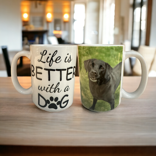 a couple of coffee mugs sitting on top of a wooden table